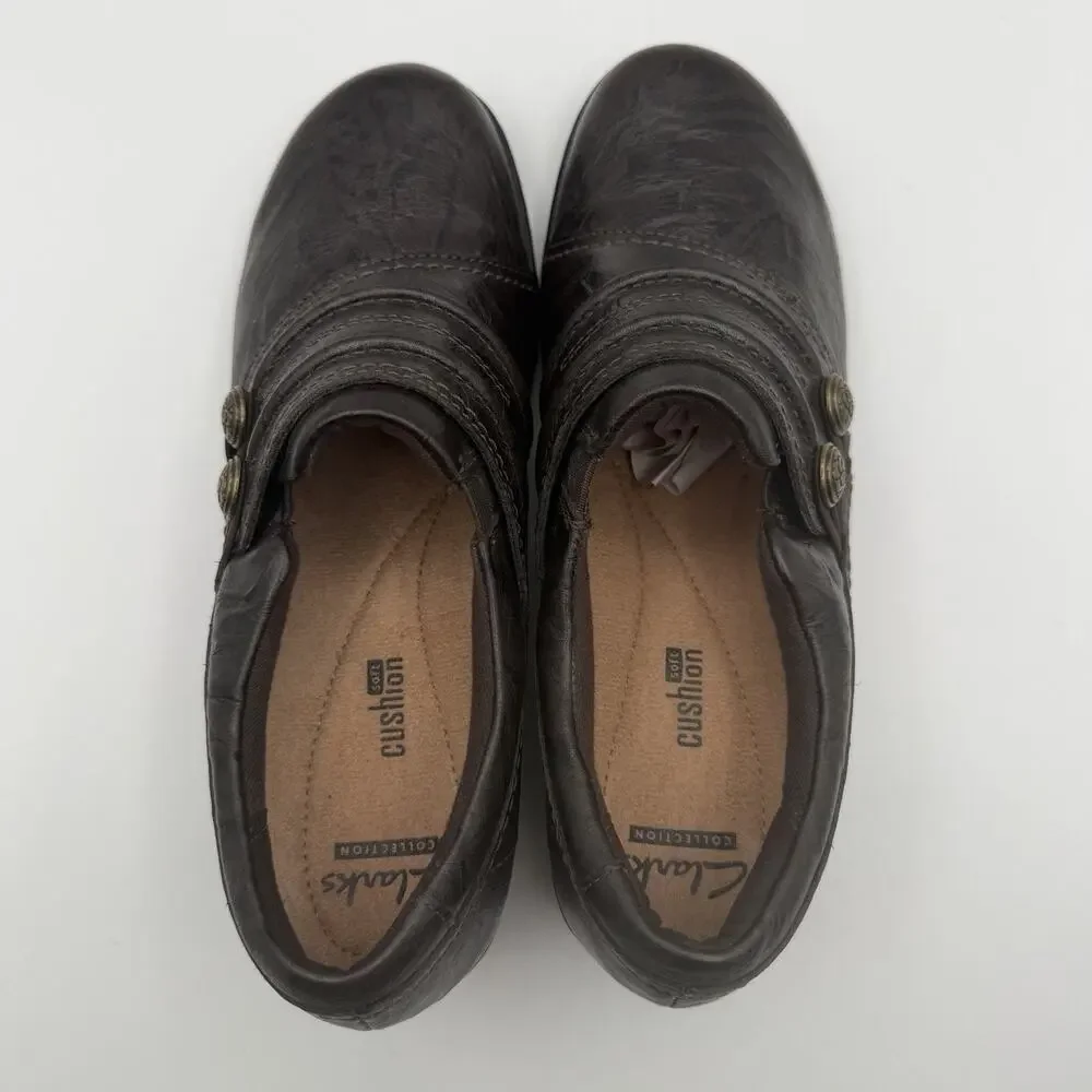 Clarks Mottled Brown Leather Women's Shoes‎ Sz 7 M Rose Button Slip On Comfort